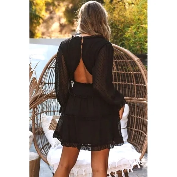 LAST ONE! Black Ruffled Open Back Swiss Dot Mini Dress - Picture 3 of 5